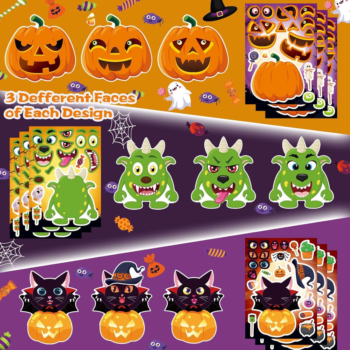 48 Sheets Halloween Make a Face Stickers for Kids, 16 Design Make Your Own Character Mix and Match Stickers Sheets Halloween Party Favor