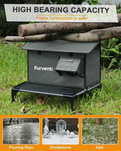 Heated Cat House for Outside,More Platform Space,Extremely Weatherproof & Insulated in Winter,Elevated Outdoor Cat Shelter with Eaves & Escape Door for Barn Feral Stray Cat(Dark Grey,Large)