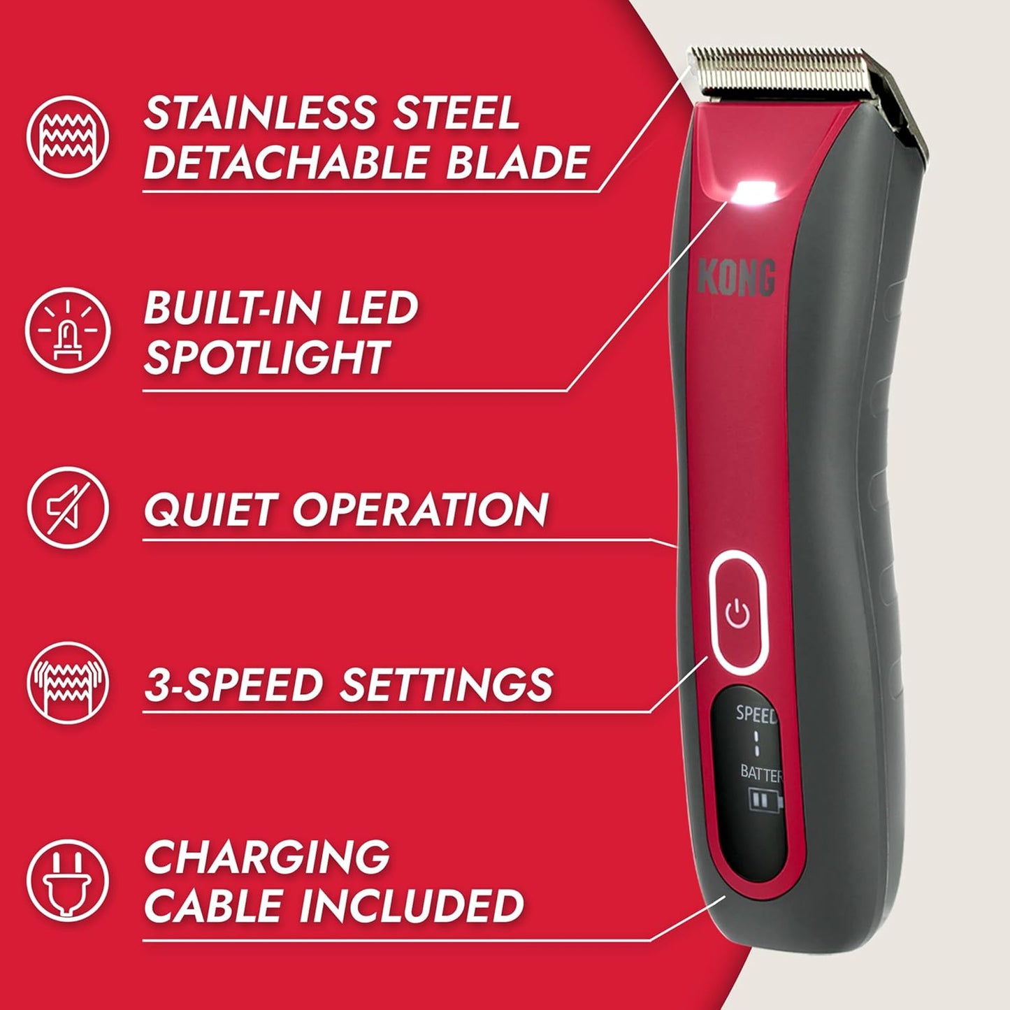 KONG 3-Speed Cordless-Corded Dog Clipper Kit – Stainless Steel Blade, Waterproof, LED Spotlight, Use-While-Charging, 6 Guide Combs, Ergonomic Handle – Red/Gray, All Coat Types