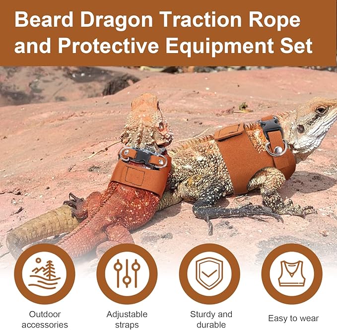 3 Sizes Leash for Bearded Dragon,Bearded Dragon Leash and Harness Set,Adjustable Soft Leather Lizard Harness for Reptile, Squirrel, Rat, Small Animal Walking Vest (Brown)