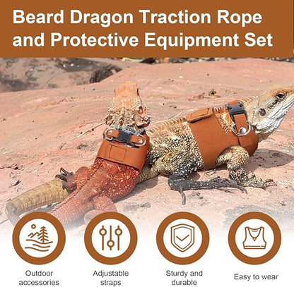 3 Sizes Leash for Bearded Dragon,Bearded Dragon Leash and Harness Set,Adjustable Soft Leather Lizard Harness for Reptile, Squirrel, Rat, Small Animal Walking Vest (Brown)