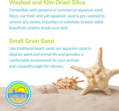 CLASSIC SAND & PLAY Natural Aquarium Sand for Freshwater and Saltwater Tanks, 20 lb. Bag, Improves Filter Life and Filtration Process, Pre-Washed Fine Sand, Natural