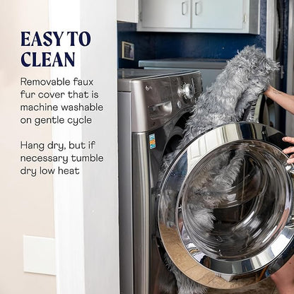 PAW Brands PupRug Orthopedic Dog Bed for Large Dogs with Fluffy Soft Faux Fur and Memory Foam for Joint Pain Relief, Machine Washable and Waterproof Couch Bed, White with Brown Accents, Medium