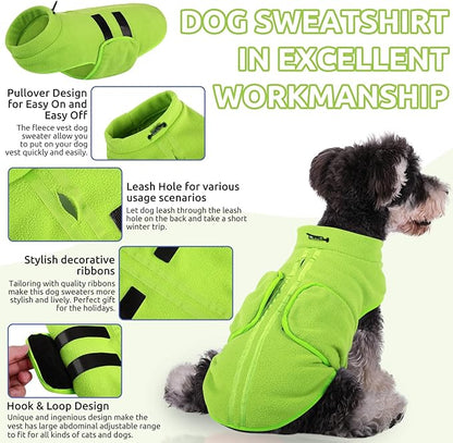 Queenmore Small Dog Sweaters, Soft Fleece Vest Pullover Dog Jacket with Leash Hole, Warm Winter Dog Clothes Cold Weather Doggy Dachshund Sweater for Small Dogs Cats Boy or Girl (Green, S)