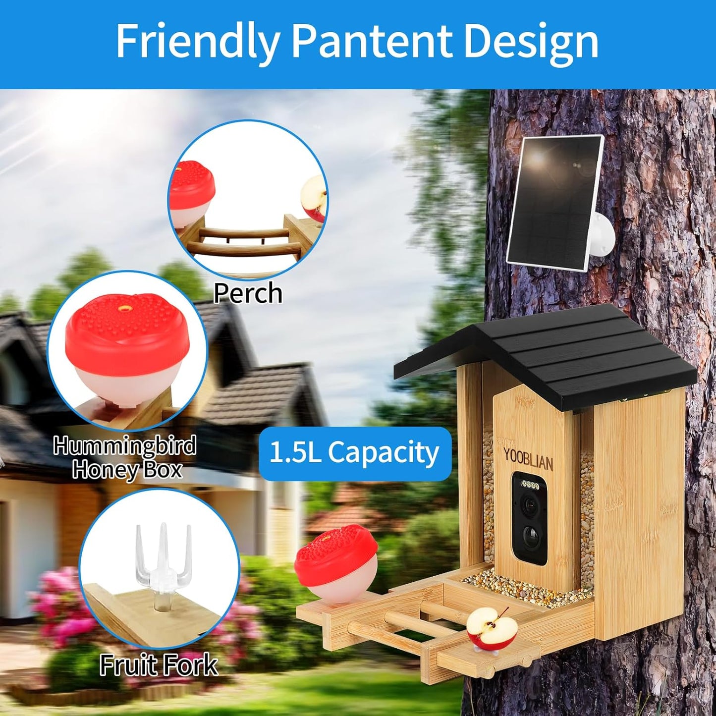 Smart Bird Feeder with Camera Solar Powered, 2.5K HD AI Identify 10000+ Species, Color Night Vision, 1.5L Bamboo Wood Feeder House Outside, Auto Capture & Notify, Ideal Gift for Bird Lovers