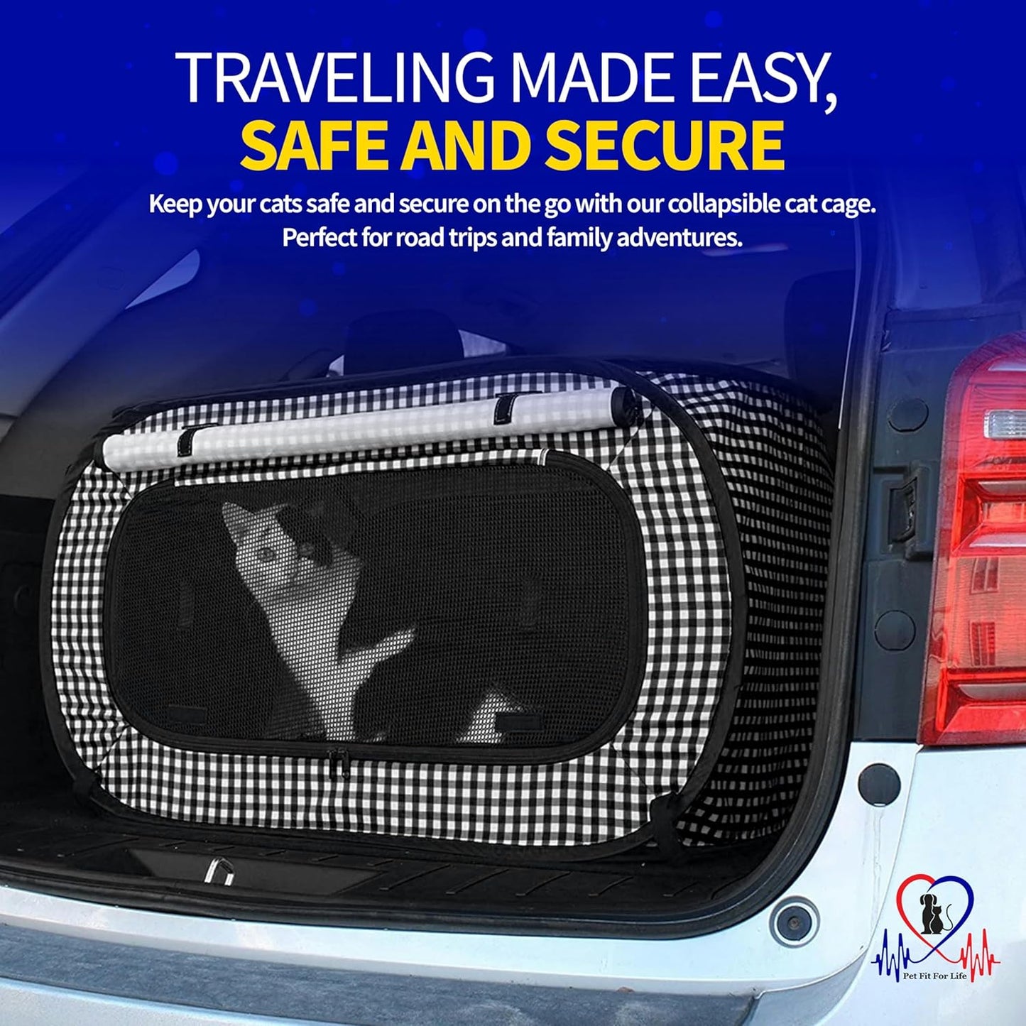 Pet Fit For Life Extra Large Cat Carrier for Travel - Foldable & Portable Collapsible Kennel with Litter Box, Feather Toy & Water/Food Bowl - Ideal for Cars, Long Trips & Indoor Cats - Black Checkers