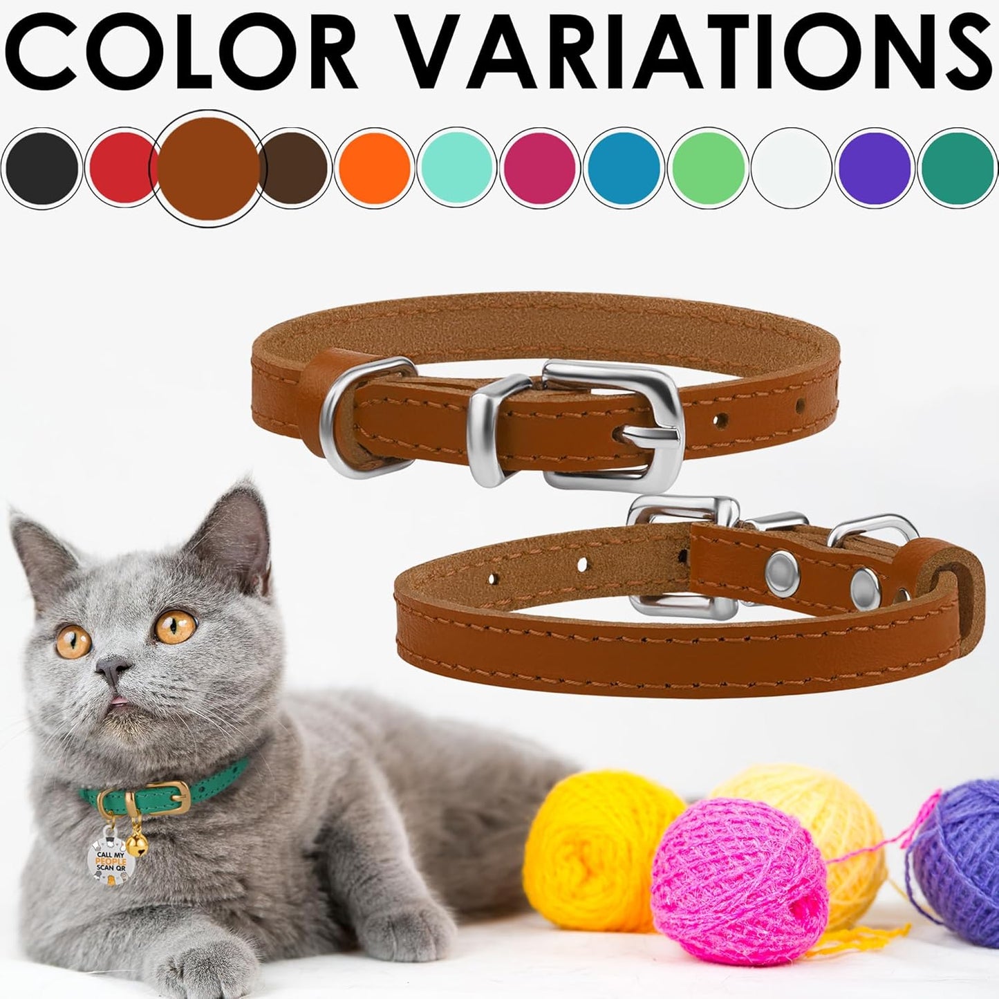 BRONZEDOG Leather Cat Collar with Removable Bells Non Breakaway Kitten QR Tag for Girl Boy (9" - 12" Cats/Mini Dogs, Light Brown & Silver)