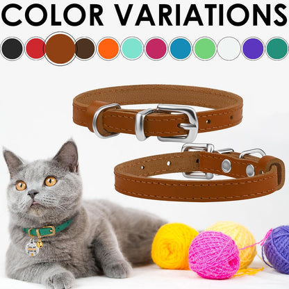 BRONZEDOG Leather Cat Collar with Removable Bells Non Breakaway Kitten QR Tag for Girl Boy (9" - 12" Cats/Mini Dogs, Light Brown & Silver)
