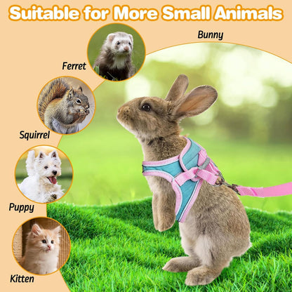 PINVNBY 2 Pack Bunny Hsrness and Leash Set Adjustable Rabbit Harness with Reflective Strips Double Buckle Pet Vest Eescape Proof for Small Rabbit Kitten Puppy Walks Accessories (Pink Green, S)
