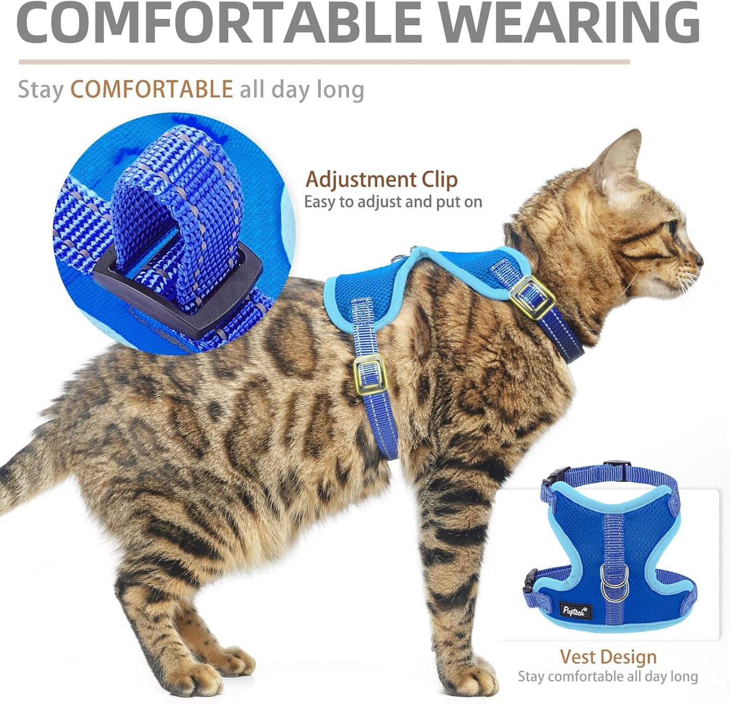 PUPTECK Cat Harness and Leash Set Escape Proof, Reflective Adjustable Soft Mesh Kitten Vest Harness for Walking Travel, Navy Blue, S