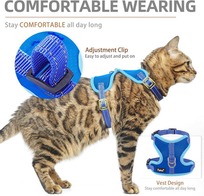 PUPTECK Cat Harness and Leash Set Escape Proof, Reflective Adjustable Soft Mesh Kitten Vest Harness for Walking Travel, Navy Blue, S