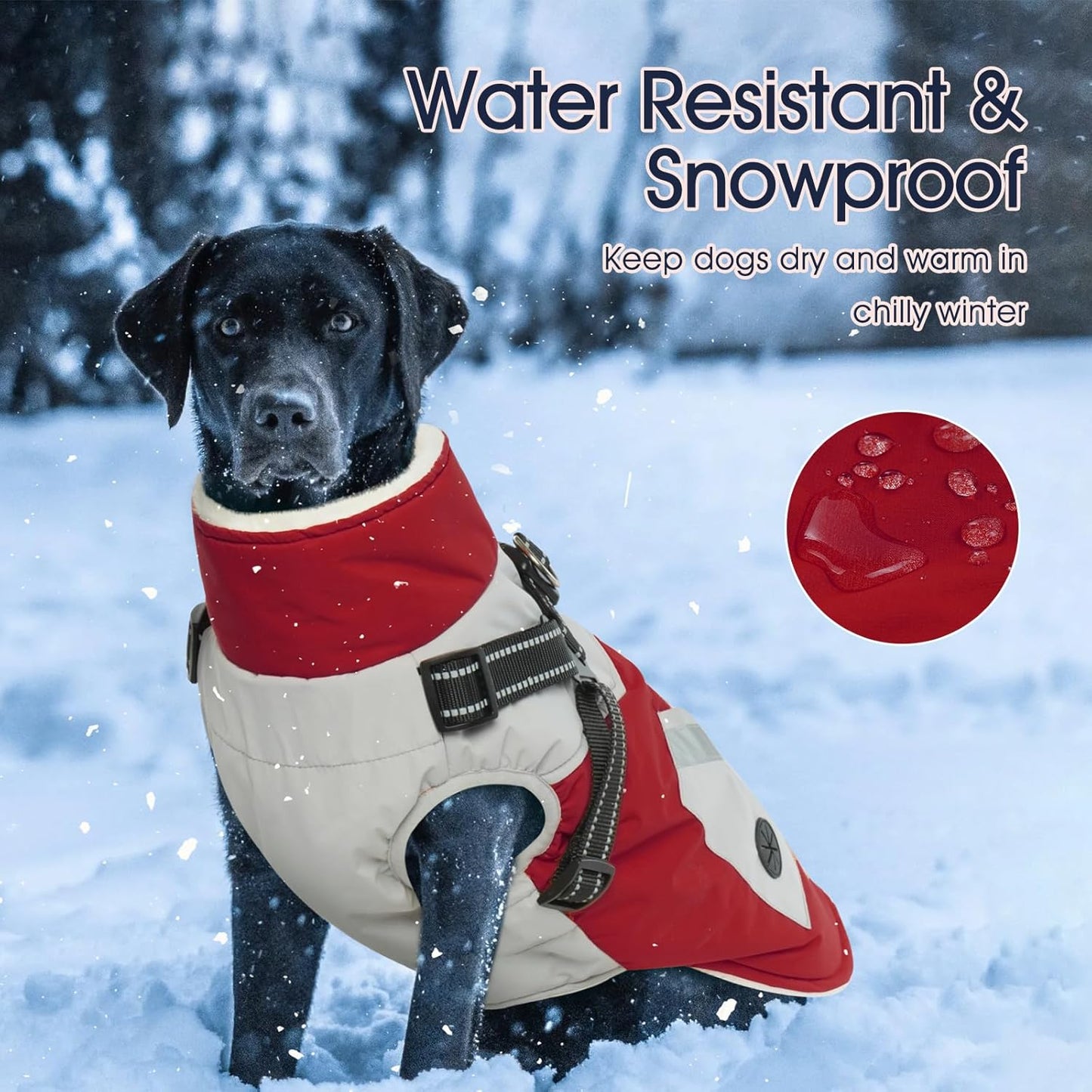 IECOii Dog Coat with Harness Built in - Red, Large - Waterproof Winter Coat, Fleece Lined Snow Jacket for Dogs