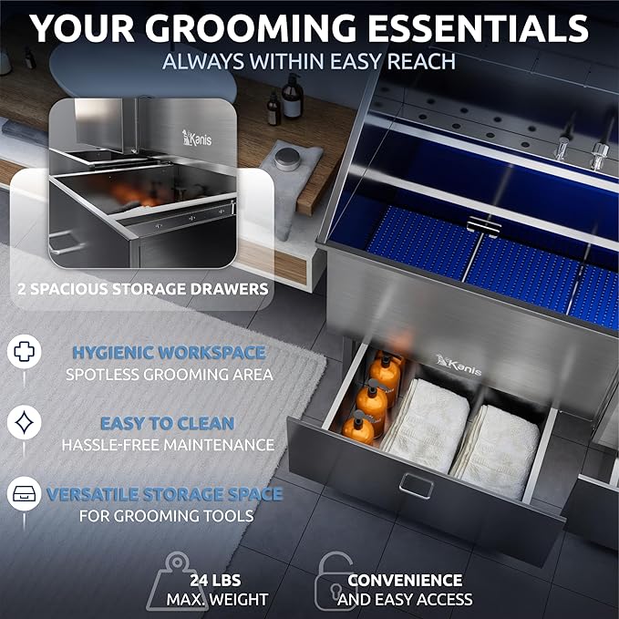 KANIS Professional Dog Washing Station - 304 Stainless Steel Pet Wash Sink & Grooming Bathtub w/Shower, Floor Grates and Storage for Large, Medium & Small Pets (50", 2 Drawers - Right Ramp)