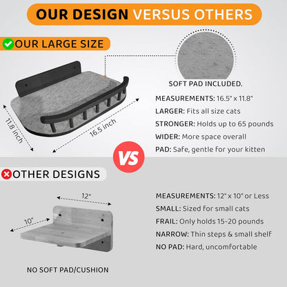 Cat Wall Shelves with 3 Steps – Modern Mounted Cat Wall Furniture & Shelf, Premium Hardwood Bed for Climbing, Sleeping & Lounging, Indoor Hammock for Large Cats - Black