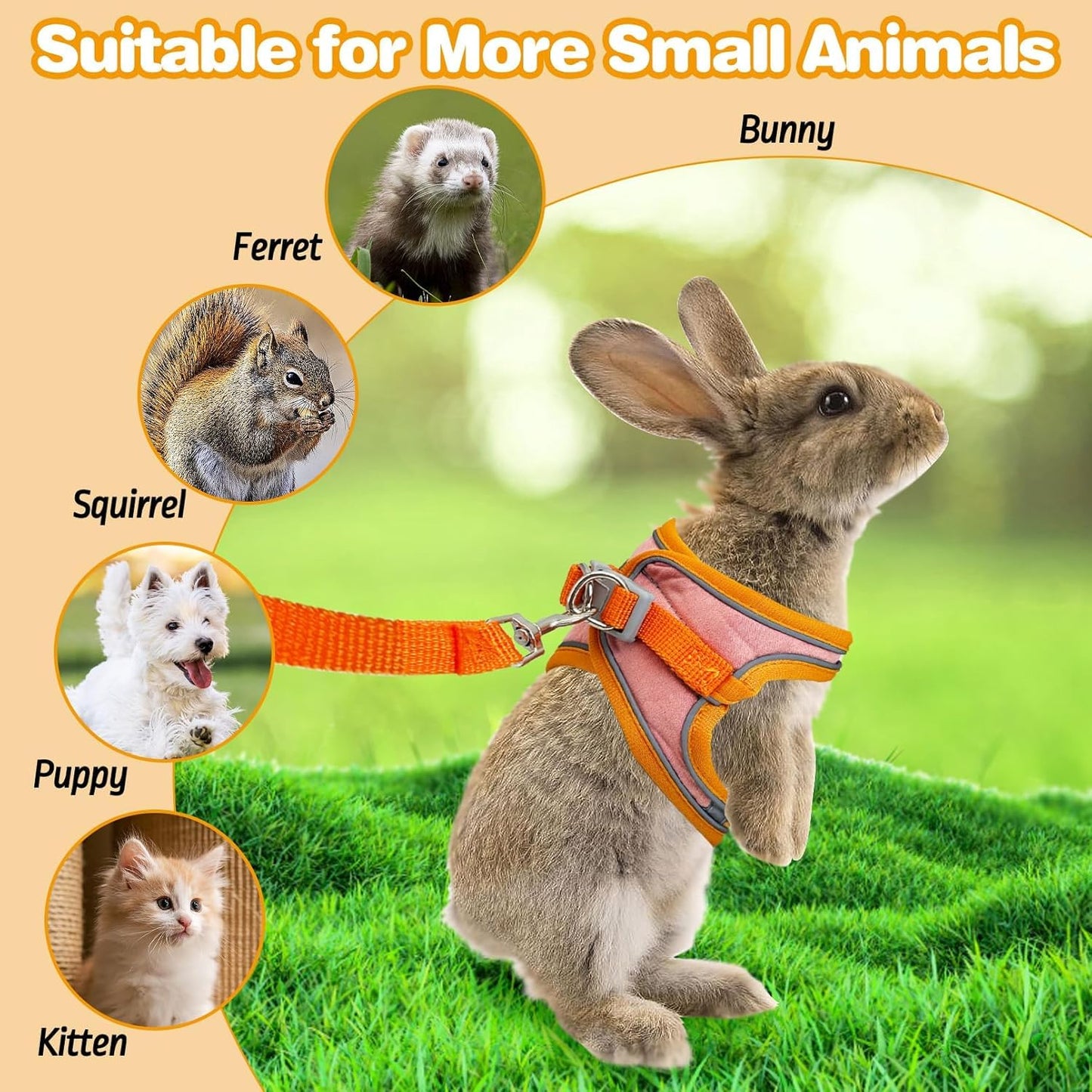 PINVNBY 2 Pack Bunny Hsrness and Leash Set Adjustable Rabbit Harness with Reflective Strips Double Buckle Pet Vest Eescape Proof for Small Rabbit Kitten Puppy Walks Accessories (Orange Pink, S)