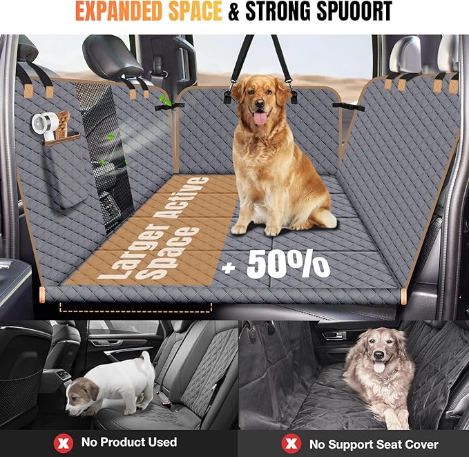 Dog Car Seat Cover for Back Seat, Dog Car Bed Cover with Strong Hard Bottom, Back Seat Extender Hammock for Cars SUV Truck 4 Panels Gray Color Large Size