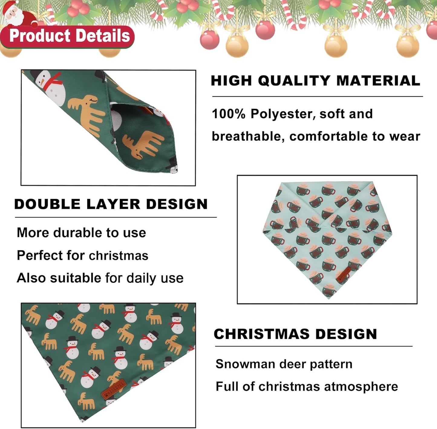 ADOGGYGO Green Christmas Dog Bandana, Snowman Reindeer Mug Pet Scarf, Adjustable Fit Merry Christmas Bandanas for Extra Large Dogs (X-Large)