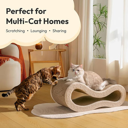 Cloud Lounge Cat Scratching Pad, Reversible Scratch Board with Natural Curves for Freestyle Scratching & Ergonomic Support, Extra Wide Cat Bed for Large Cats, Premium Cardboard & Cozy Fabric