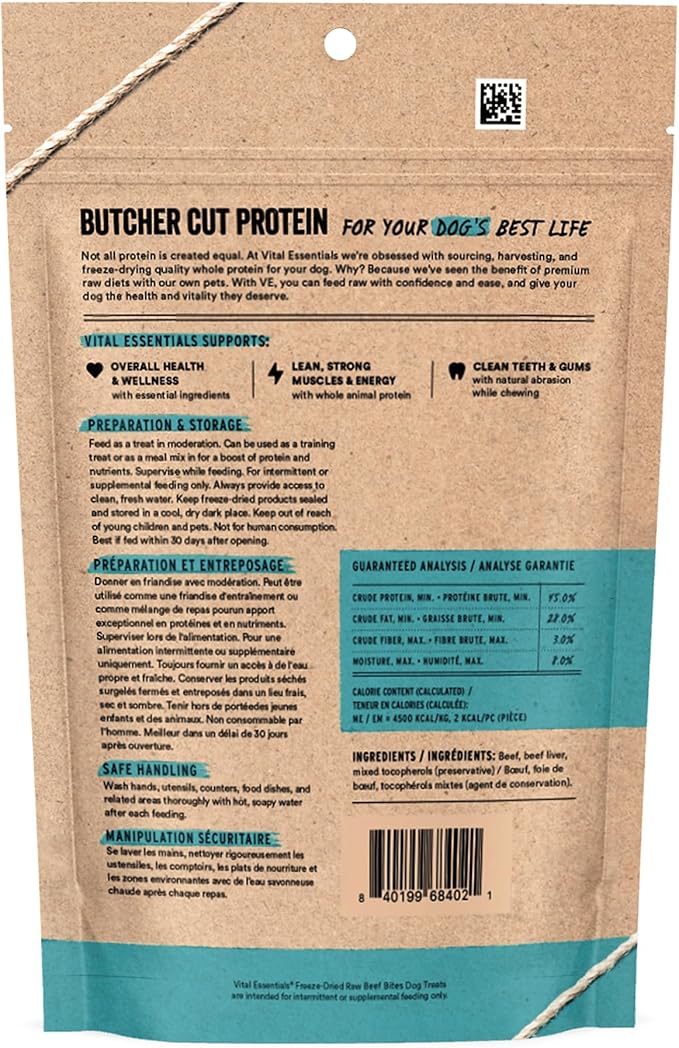 Vital Essentials Beef Bites Dog Treats, 6.2 oz | Freeze-Dried Raw | Single Protein | Premium Quality High Protein Training Treats | Grain Free, Gluten Free, Filler Free