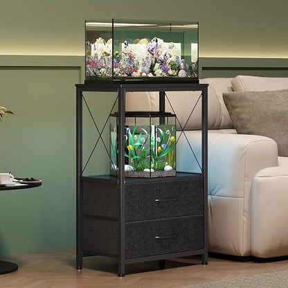 Aquarium Stand 10 Gallon with 2-Tier Shelf, Fish Tanks Stand with 2 Drawers, Metal Frame Heavy Duty Reptile/Turtle Tank Stand for Home Office, Fish Tanks Accessories Storage, Black