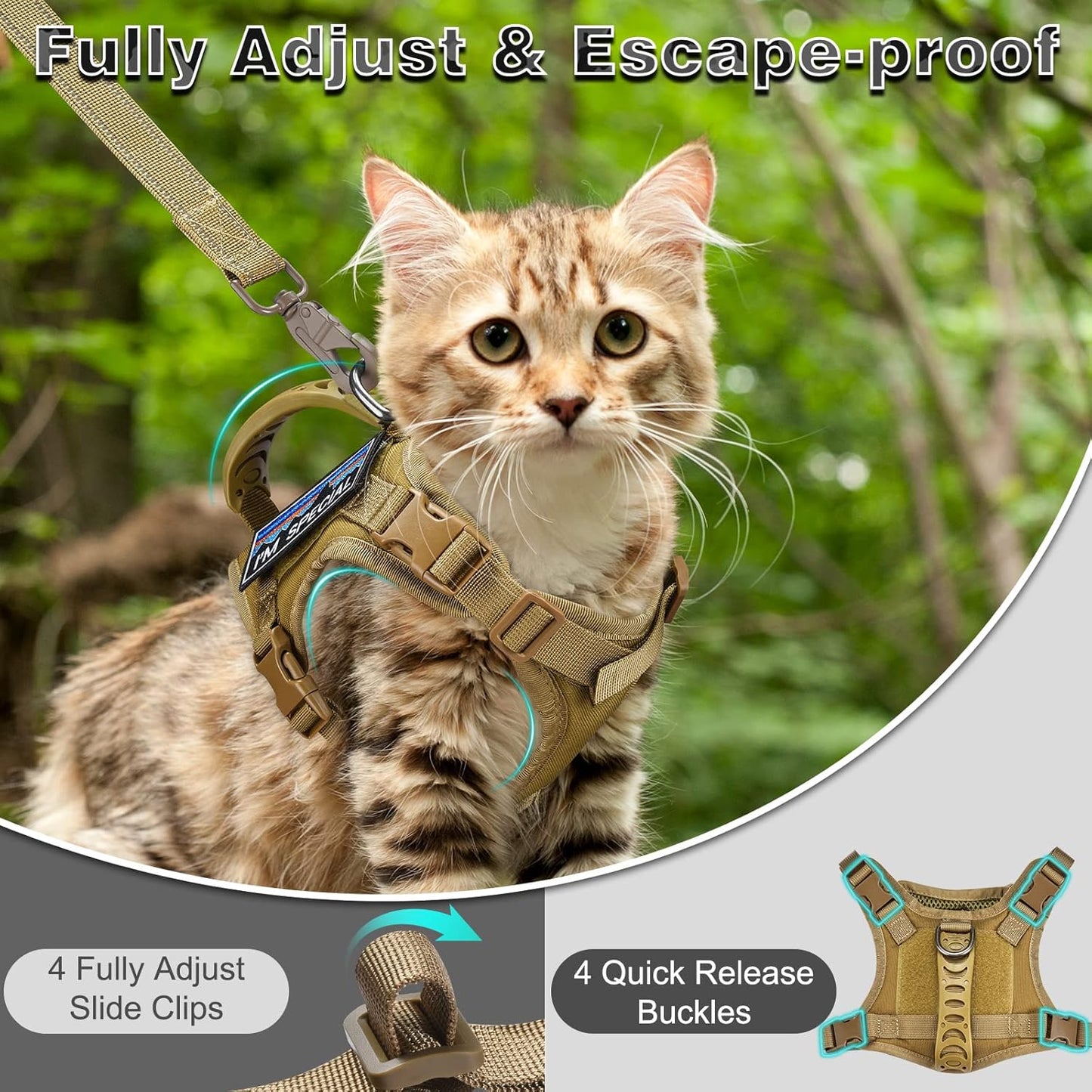 Tactical Cat Harness and Leash for Walking Esacpe Proof,Adjustable Soft Mesh Large Cat Vest with Rubber Handle Easy to Control,Molle Patches