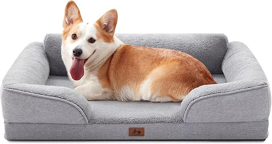 Orthopedic Dog Beds for Medium Size Dogs, Waterproof Egg-Crate Foam Pet Couch Bed with Soft Sides, Non-Slip Dog Sofa with Fleece Removable Washable Cover, 35"L Supportive Pet Sofa, Light Grey