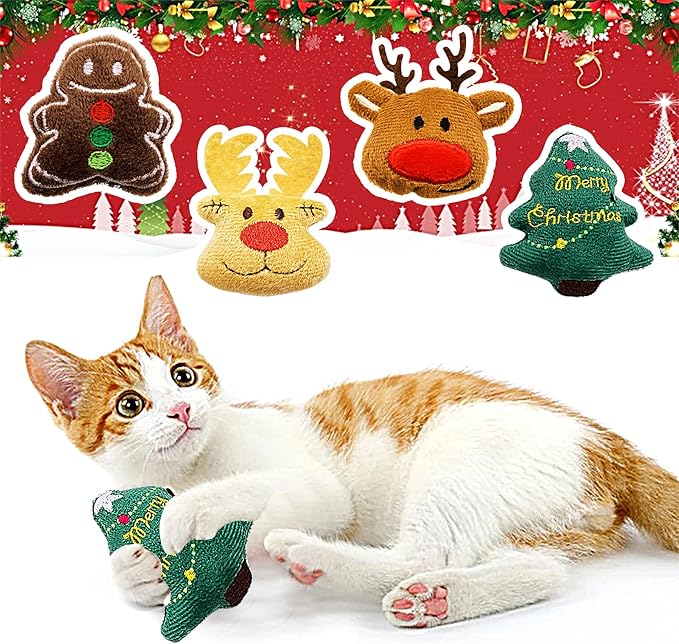 10 Pcs Christmas Cat Catnip Toys for Indoor Cats Interactive Xmas Plush Stuffed Kitten Chew Bite Kick Toys Kitty Playing Relieve Stress Cat Lovers