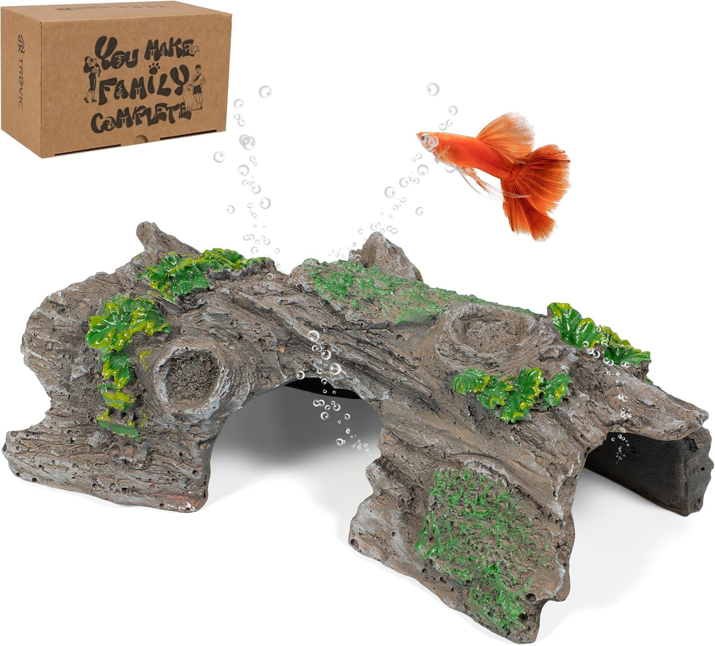 TRUVIC Fish Tank Decorations - Aquarium Cave Decor, Resin Hollow Tree Trunk Reptile Hide & Betta Log Hideout for 20 Gallon Tank, Fish Accessories Shelter Cave