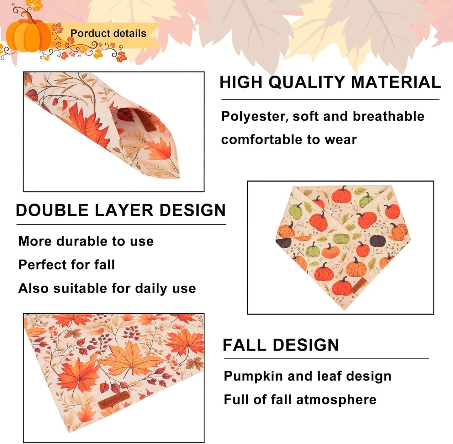 ADOGGYGO Fall Dog Bandana, Pumpkin Maple Leaf Autumn Thanksgiving Pet Scarf, Adjustable Fit Fall Bandanas for X-Large Dogs Pets (X-Large)