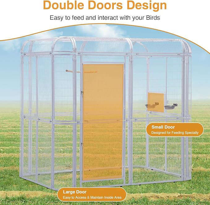 Large Walk-in Cage 87-inch Heavy Duty Bird Cage Outdoor Aviary Parrot Cage Wide Flight Metal Birdcage with Stand for Macaw Budgie Conure Lovebird Parakeet Cockatiel, 7.22x5.25x6.8ft, White