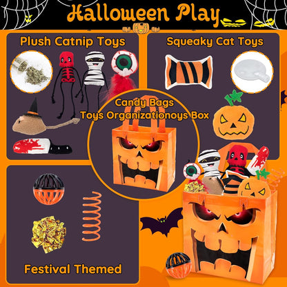 12pcs Halloween Cat Toys w/Bat Wings Costume & Organized Bag Set, Various Plush Cat Catnip Toys for Indoor Cats Kitten Teething Chewing Halloween Play
