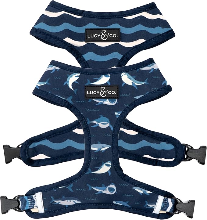 Reversible Dog Harness Walking Halter - Best Designer Pet Harnesses for Extra Small Medium Large XL Dogs Plus Pug Breeds - Padded Adjustable Puppy Vest for Easy Walking (Small, Shark Attack)