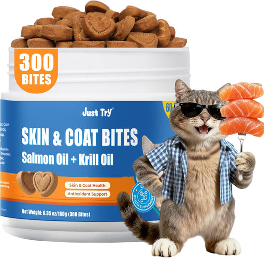 Just Try 300 Bites Skin and Coat Bites Omega 3 for Cats Salmon Oil - Supports Healthy Skin, cat Itchy Skin Relief - Health Supplements Vitamins for Indoor Cats - 6.35 oz