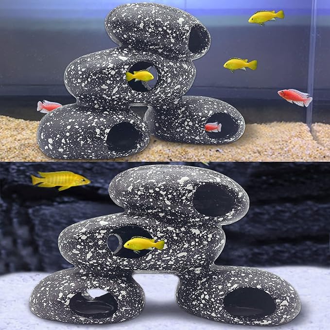 PINVNBY Aquarium Stone Hideaway Decoration,Resin Cichlids Rock Decor Realistic Betta Hideout Shelter Cave Fish Tank Ornament for Shrimp Short Bream Crayfish(L)