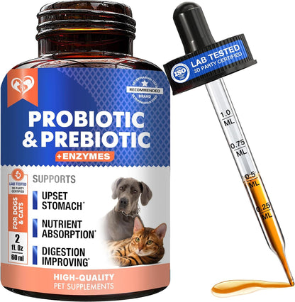 Probiotics & Prebiotics with Enzymes for Dogs and Cats - Digestive Gut Flora Health Pet Food Supplements - Constipation & Diarrhea and Gas Home Remedy - Upset Stomach Relief - Made in USA