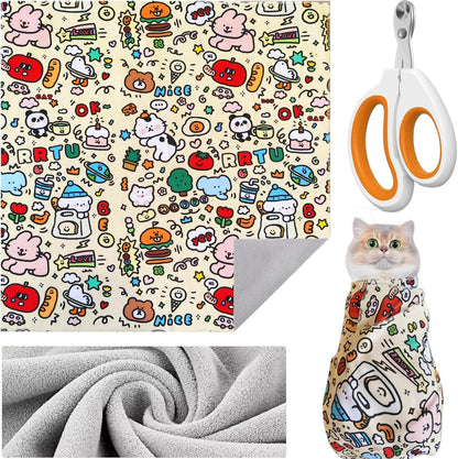 27.6'' Cat Grooming Wrap Cat Wrap for Cutting Nails, Anti-Escape Cat Restraint Wraps for Medicine Nail Clipping Ear Cleaning, Self-Adherent Cat Swaddle Wrap with Nail Clipper - Within 15lbs