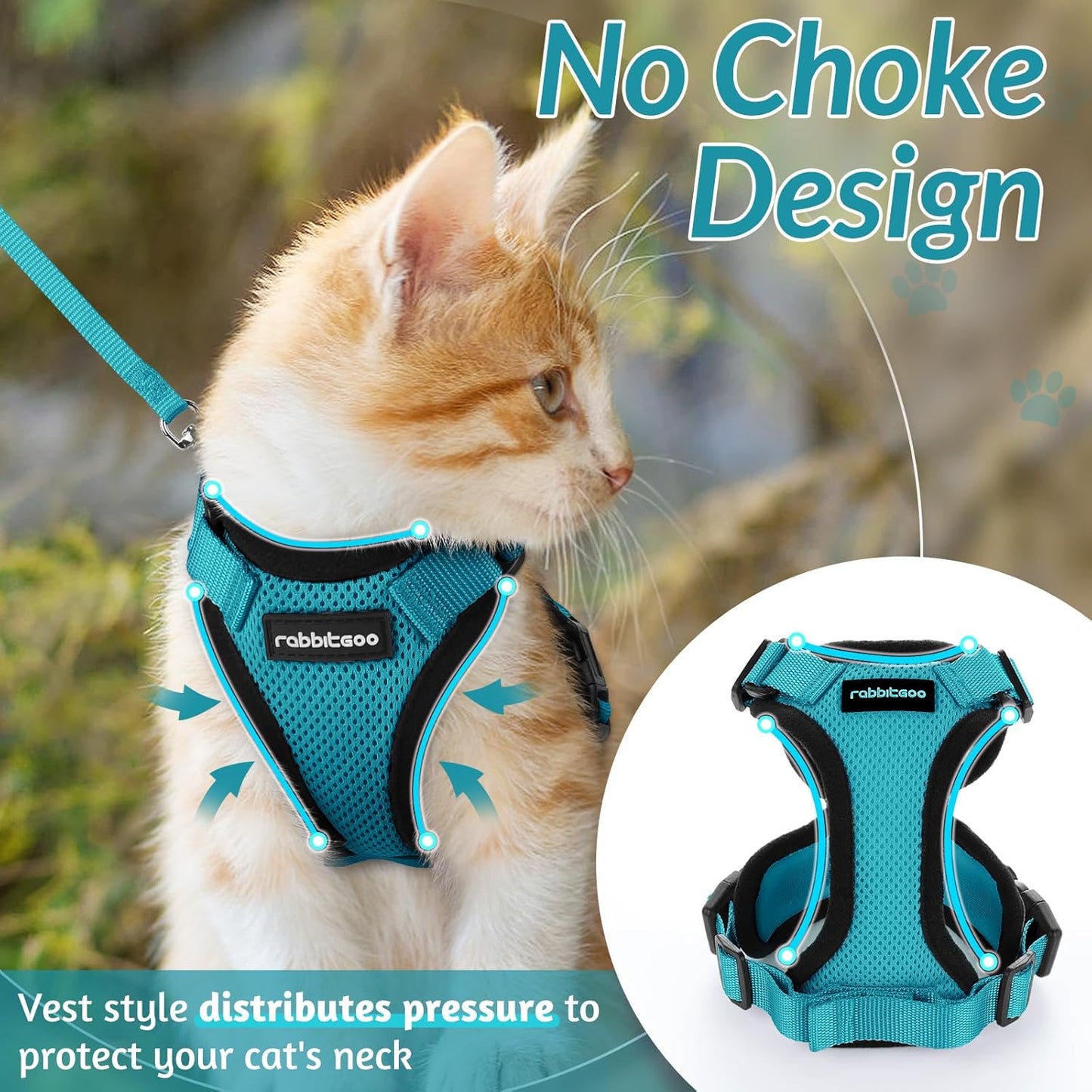 rabbitgoo Cat Harness and Leash for Walking, Escape Proof Soft Adjustable Vest Harnesses for Cats, Easy Control Breathable Reflective Strips Jacket, Teal, S