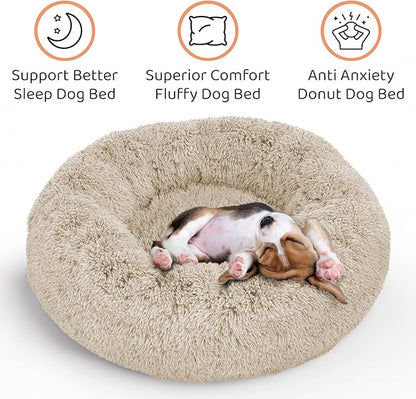 Donut Dog Bed - Premium Comfort for Anxiety Relief - Fluffy & Calming Design with Ultra-Plush Support | Cozy Round Dog Bed with Super Soft Circle Style (Size L Beige)