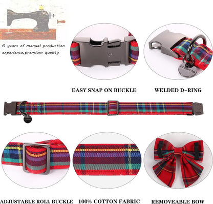 DOGWONG Christmas Dog Collar with Sailor Bow, Red Plaid Dog Collar Soft Durable Adjustable Cotton Red Tartan Gingham Puppy Collar for Small Medium Large Dog