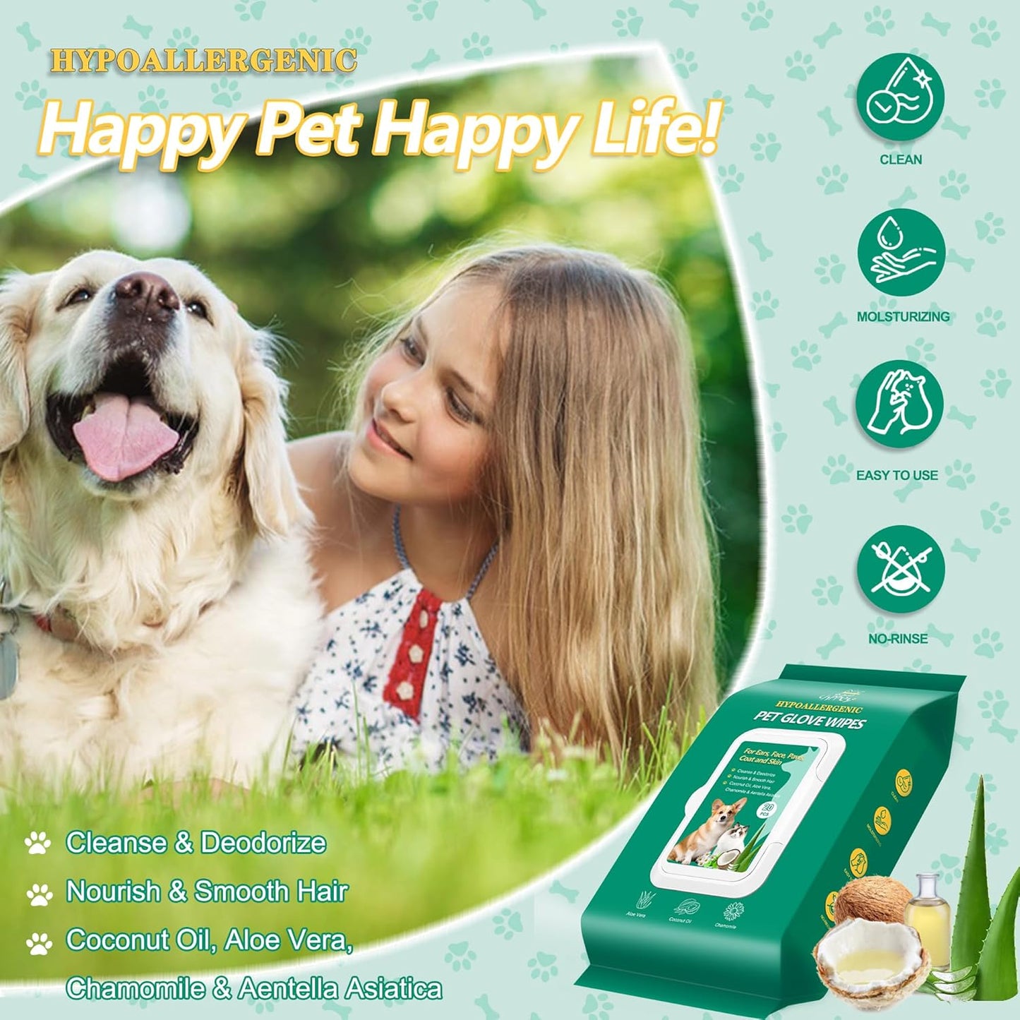 40PCS Pet Cleaning and Deodorizing Grooming Glove Wipes for Dogs and Cats, Extra Thick Nourish Fur No-Rinse Grooming Wipes for Daily Care and Travel, Hypoallergenic