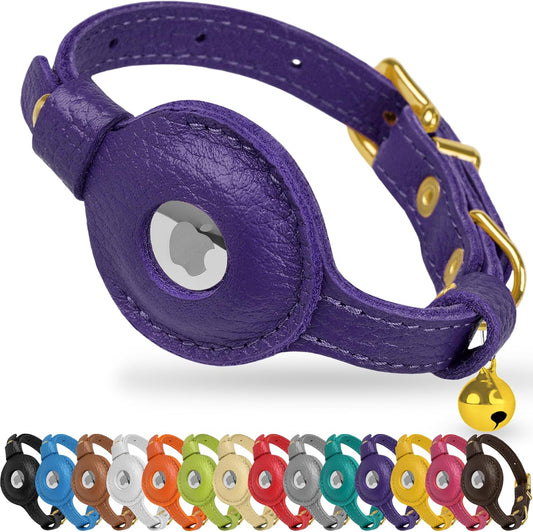 OOPSDOGGY Leather AirTag Cat Collar with Bell - Non Breakaway Kitten Collar with Apple Air Tag Holder - Lightweight GPS Pet Collars for Girl Boy Cats, Small Dogs, Puppies (Purple)