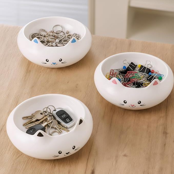 Key Holder Bowl, Home Decor, Desk Decor & Gifts for Girls, Cat Bowls, Ceramic Cat Food Bowl, Cute Kitten Water Bowls with 7.1oz Capacity, Cats Deals, Whisker Fatigue Friendly, Multi-Use