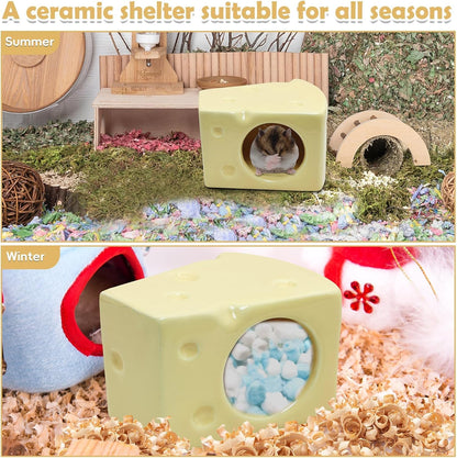 PINVNBY Ceramic Hamsters Hideout, Hamster Food Bowl and Water Bottle with Stand Ceramic Cheese Hamster Cage Accessories for Campbell Gerbil Dwarf to Eat Drink and Play in Habitat(4 PCS)