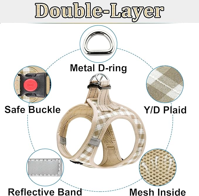 Dog Harness Step-in Breathable Puppy Cat Dog Vest Harnesses for Small Medium Dogs Beige Checkered