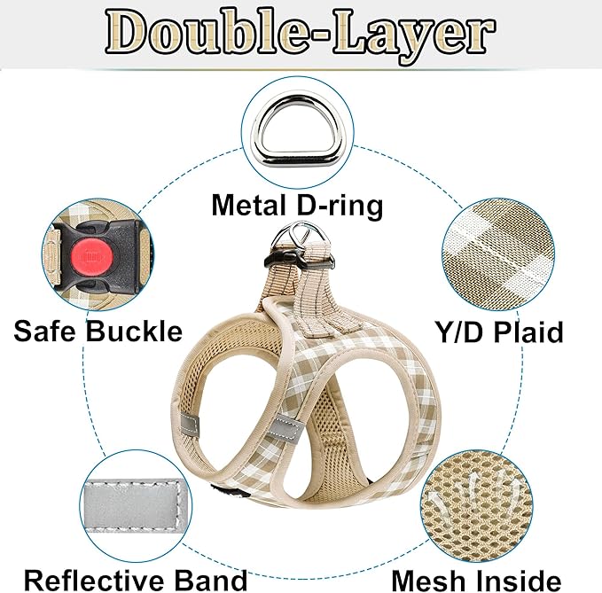 Dog Harness Step-in Breathable Puppy Cat Dog Vest Harnesses for Small Medium Dogs Beige Checkered