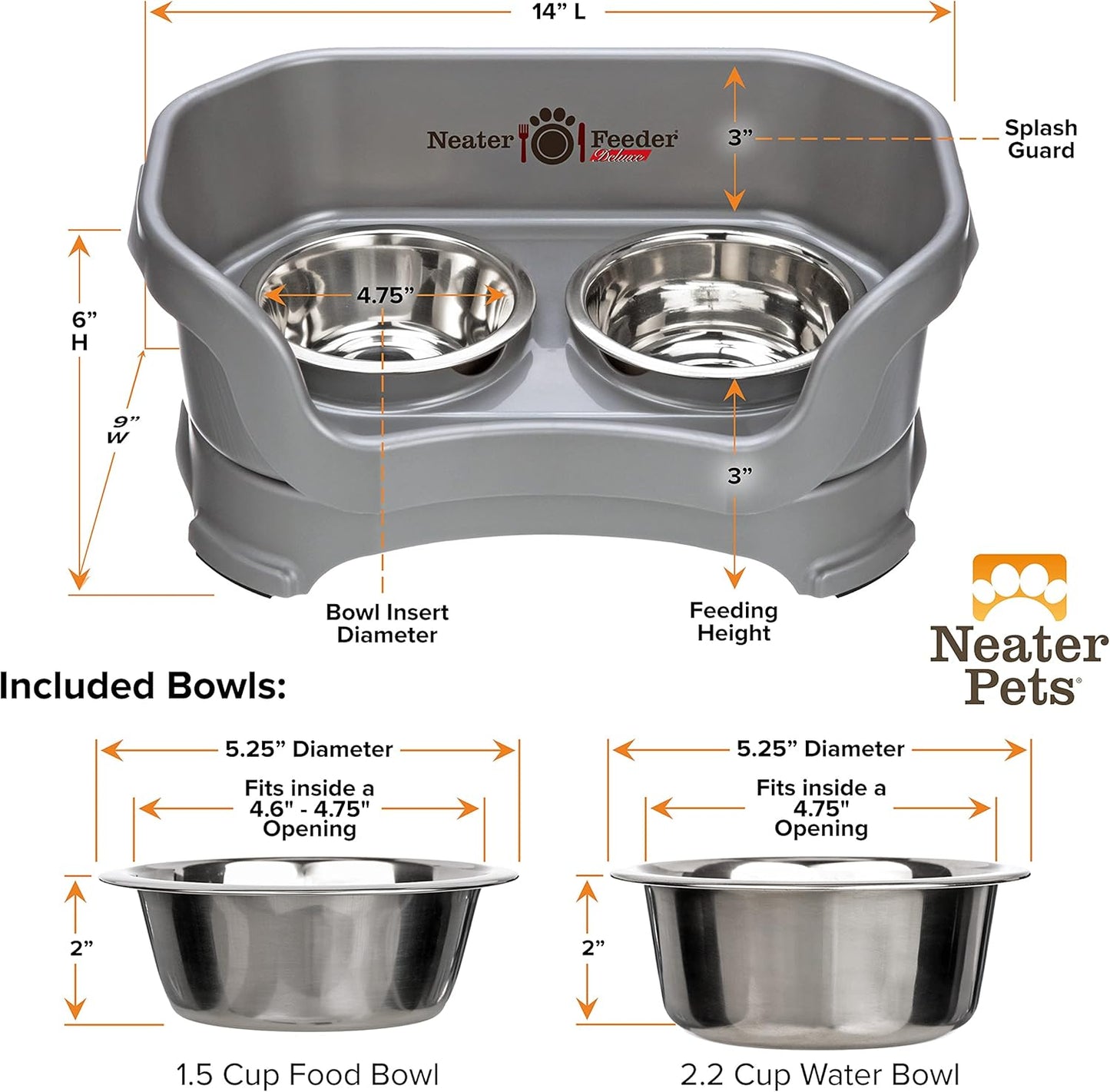 Neater Pet Brands Neater Feeder Deluxe Mess Proof Dog Bowls Elevated for Small Dogs Under 19 lbs, Made in USA, No Spill Raised Dog Food Bowl Stand Feeding Station, Food and Water Bowl Set, Grey