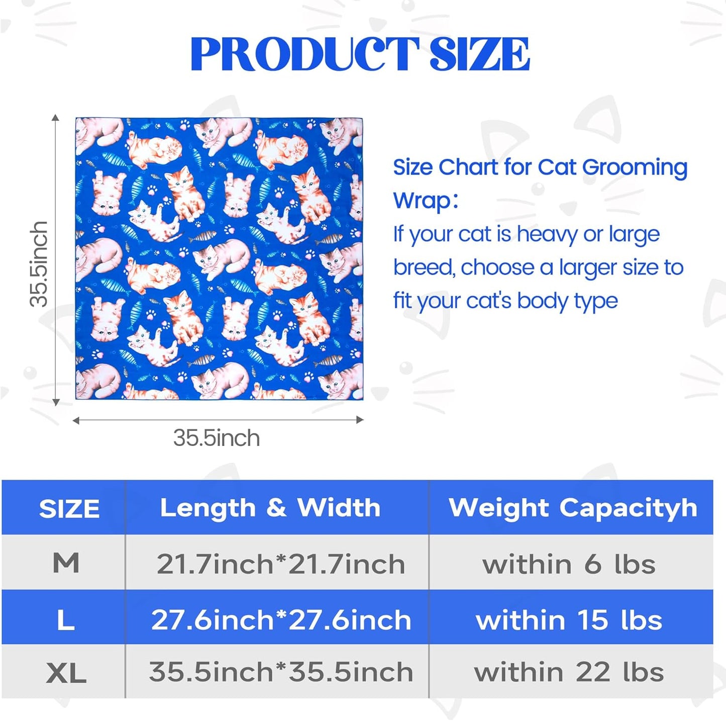 35.4“ Cat Wrap for Cutting Nails Self-Adherent Fabric Cat Wrap for Grooming Cat Restraint for Nail Clipping Anti-Escape Cat Calming Wrap Within 22lbs