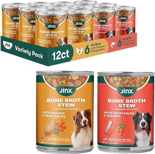 Jinx Bone Broth Stew for Dogs, Variety Pack - Chicken & Salmon Recipes - Grain-Free Wet Dog Food & Topper for Picky Eaters - Promotes Lean Muscle Growth, Healthy Coat & Digestion - 13 Oz, 12 Pack