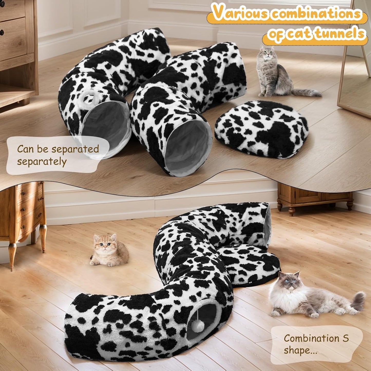 Cat Tunnel Bed for Indoor Cats, Soft Plush Donut Peekaboo Cat Cave, Multifunctional Playground Toy for Small Medium Large Cats, Kittens, Rabbits, Ferrets, with Washable Cushion (Black&White)