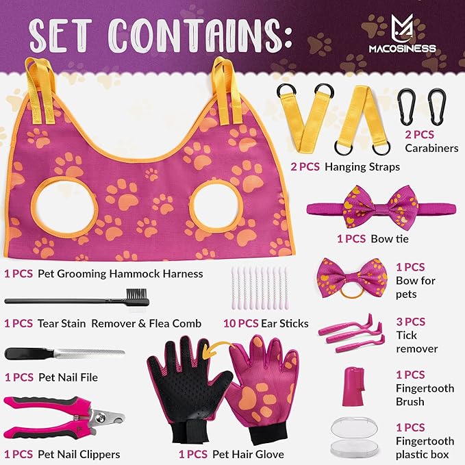 Pet Grooming Hammock for Nail Trimming - Complete Groomers Helper Set for Pet - Dog Grooming Hammock with Hook - Cat Nail Clipper - Dog Hammock for Nail Clipping (L, Purple with Gold Paws)